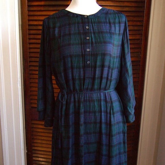 LOFT Green Plaid 3/4 Bell Sleeve Dress with Henley Neckline - Picture 1 of 9
